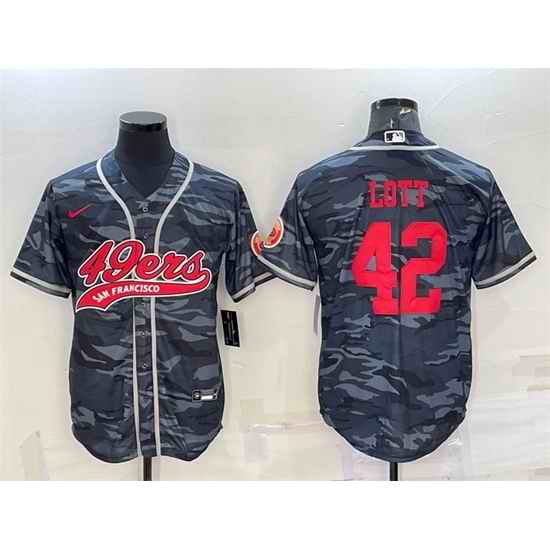 Men San Francisco 49ers #42 Ronnie Lott Grey Red Camo With Patch Cool Base Stitched Baseball Jersey