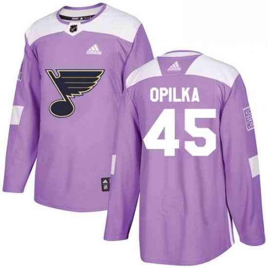 Mens Adidas St Louis Blues #45 Luke Opilka Authentic Purple Fights Cancer Practice NHL Jersey