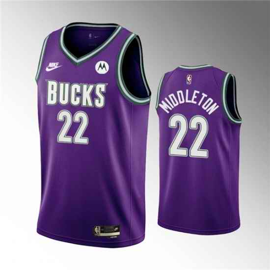 Men Milwaukee Bucks #22 Khris Middleton 2022 23 Purple Classic Edition Swingman Stitched Basketball Jersey