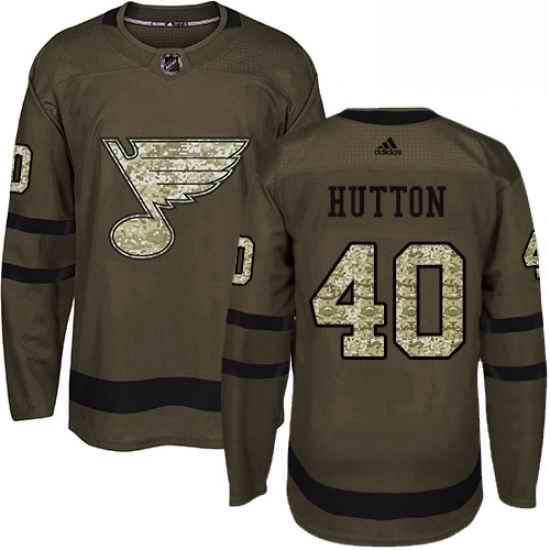 Mens Adidas St Louis Blues #40 Carter Hutton Authentic Green Salute to Service NHL Jersey