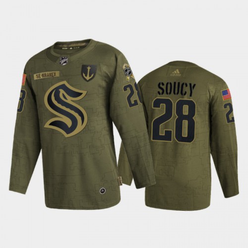 Seattle Seattle Kraken #28 Carson Soucy Men’s Adidas Veterans Day 2022 Military Appreciation NHL Jersey – Olive Men’s