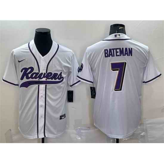Men Baltimore Ravens #7 Rashod Bateman White With Patch Cool Base Stitched Baseball Jersey