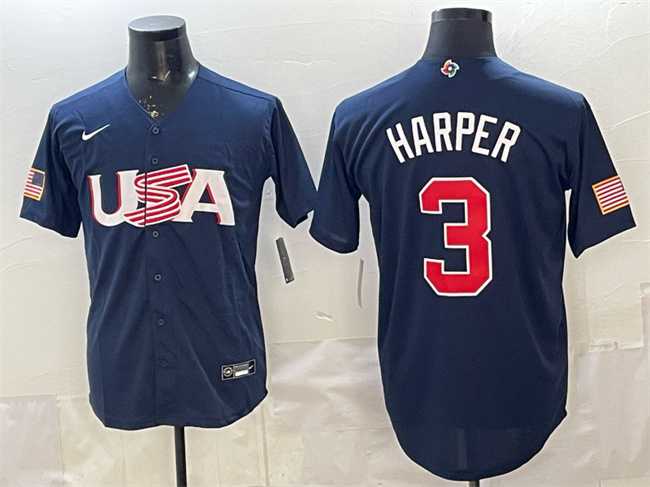 Men%27s USA #3 Bryce Harper Navy World Baseball Classic Stitched Jersey