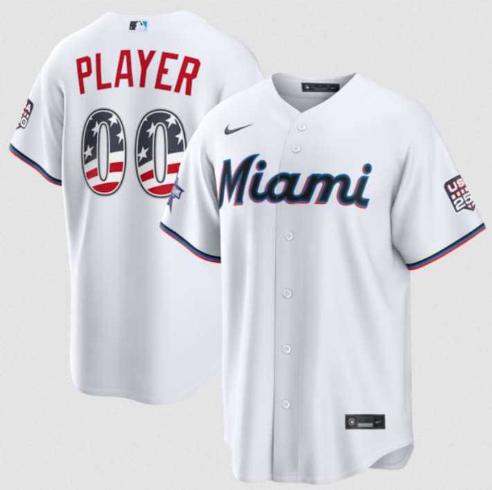 Men%27s Miami Marlins Active Player Custom White 2026 All-Star Edition Stars & Stripes & USA 250 Fourth of July Home Stadium Stitched Baseball Jersey