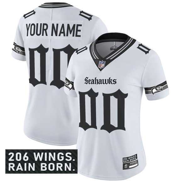 Women%27s Seattle Seahawks Active Player Custom White 2025 F.U.S.E. %27Gothic Rain City Shadows Edition%27 Vapor Untouchable Limited Football Stitched Jersey