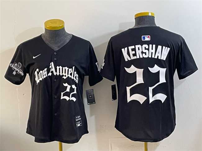 Women%27s Los Angeles Dodgers #22 Clayton Kershaw Black 2025 World Series Champions LA Gothic Edition Limited Stitched Jersey Dzhi