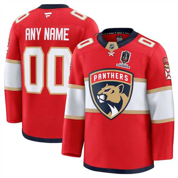 Men%27s Florida Panthers Custom Red Home 2025 Stanley Cup Champions Patch Stitched Jersey