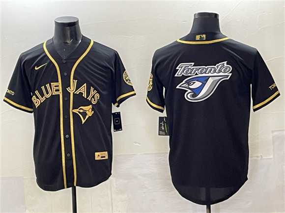 Men%27s Toronto Blue Jays Team Big Logo Black Gold Cool Base Stitched Jersey