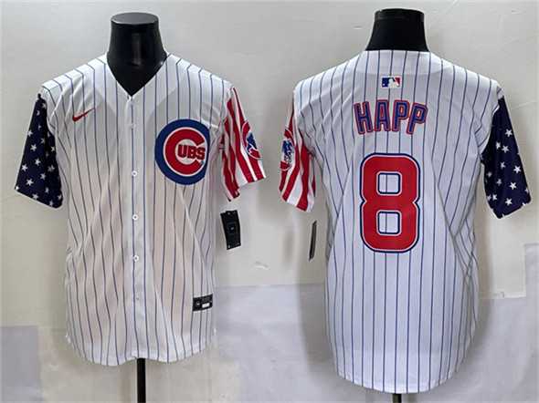 Men%27s Chicago Cubs #8 Ian Happ White Pinstripe 2025 Independence Day Vapor Premier Limited Stitched Baseball Jersey