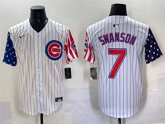 Men%27s Chicago Cubs #7 Dansby Swanson White Pinstripe 2025 Independence Day Vapor Premier Limited Stitched Baseball Jersey