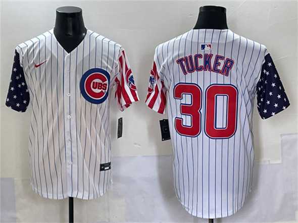 Men%27s Chicago Cubs #30 Kyle Tucker White Pinstripe 2025 Independence Day Vapor Premier Limited Stitched Baseball Jersey