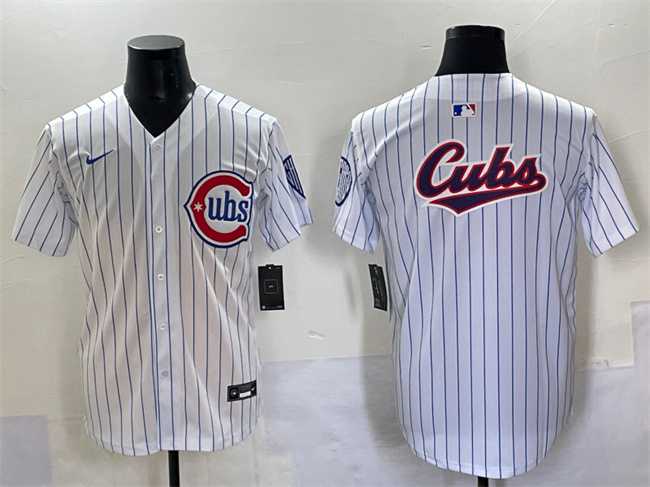 Men%27s Chicago Cubs Team Big Logo White Pinstripe 2nd Alternate Limited Stitched Baseball Jersey
