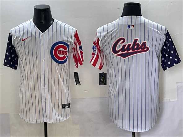 Men%27s Chicago Cubs Team Big Logo White Pinstripe 2025 Independence Day Vapor Premier Limited Stitched Baseball Jersey