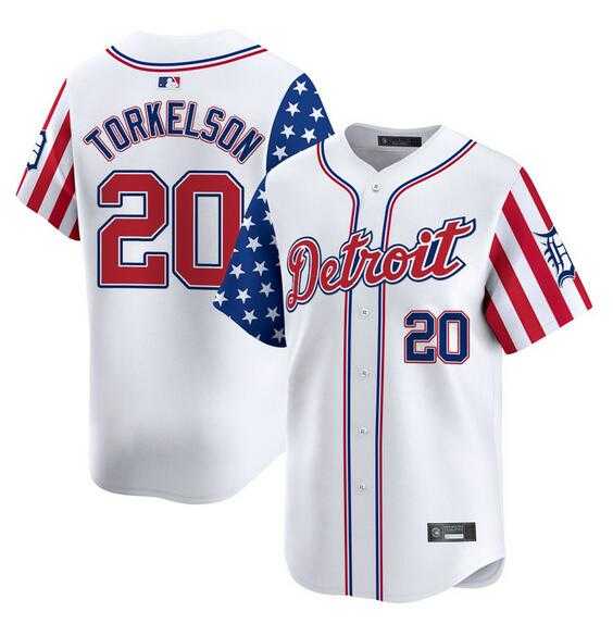 Men%27s Detroit Tigers #20 Spencer Torkelson White 2025 Independence Day Vapor Premier Limited Stitched Baseball Jersey Dzhi