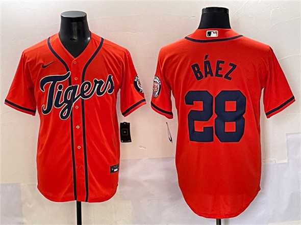 Men%27s Detroit Tigers #28 Javier Baez Orange With Patch Cool Base Stitched Baseball Jersey