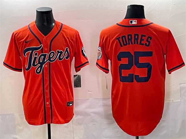 Men%27s Detroit Tigers #25 Gleyber Torres Orange With Patch Vapor Premier Limited Stitched Baseball Jersey