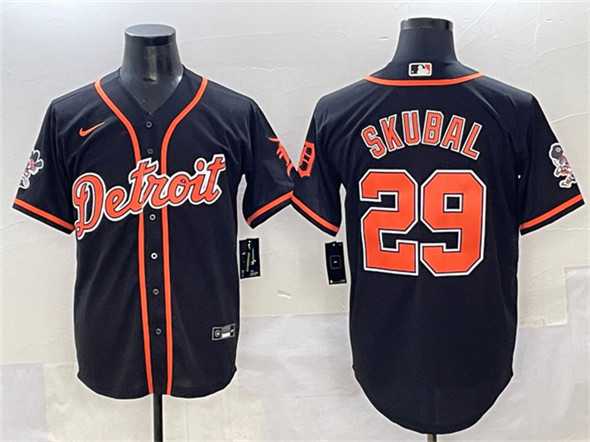 Men%27s Detroit Tigers #29 Tarik Skubal Black With Patch Cool Base Stitched Baseball Jersey
