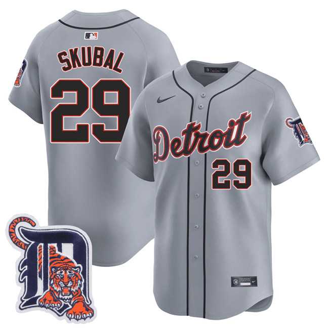 Men%27s Detroit Tigers #29 Tarik Skubal Gray Logo Patch Vapor Premier Limited Stitched Baseball Jersey Dzhi