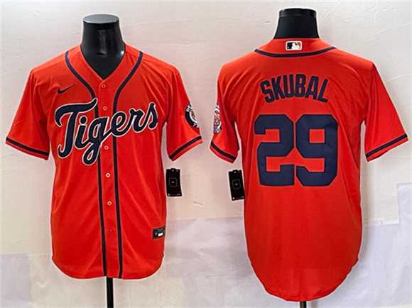 Men%27s Detroit Tigers #29 Tarik Skubal Orange With Patch Cool Base Stitched Baseball Jersey