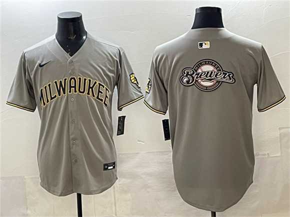 Men%27s Milwaukee Brewers Team Big Logo Gray Home Limited Stitched Jersey