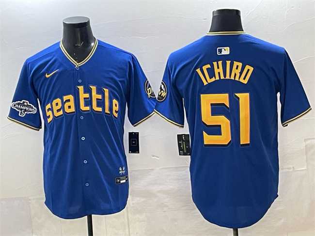 Men%27s Seattle Mariners #51 Ichiro Suzuki Royal With 2025 AL West Division Champions Patch Limited Stitched jersey