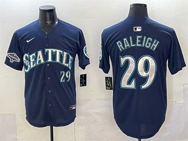 Men%27s Seattle Mariners #29 Cal Raleigh Navy With 2025 AL West Division Champions Patch Limited Stitched jersey