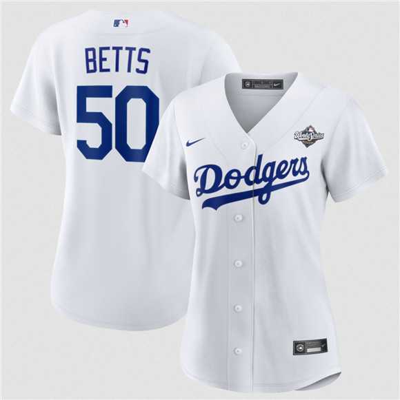 Women%27s Los Angeles Dodgers #50 Mookie Betts White 2025 World Series Home Cool Base Stitched Jersey Dzhi