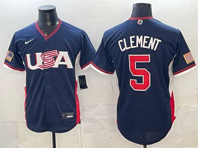 Men%27s USA Baseball #5 Ernie Clement Navy 2026 World Baseball Classic Road Stadium Stitched Jersey