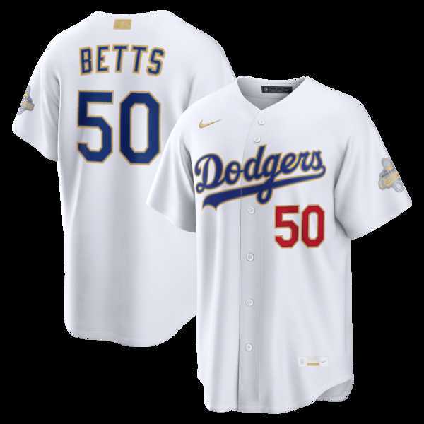 Men%27s Los Angeles Dodgers #50 Mookie Betts Nike White 2026 Gold Collection Stadium Jersey Dzhi