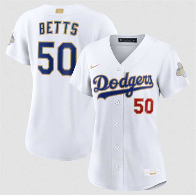 Women%27s Los Angeles Dodgers #50 Mookie Betts White 2026 Gold Collection Stadium Stitched Jersey Dzhi