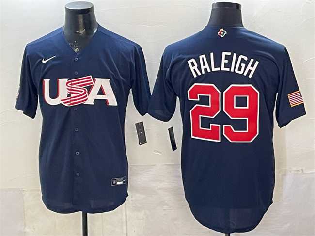 Men%27s USA #29 Cal Raleigh Navy World Baseball Classic Stitched Jersey Dzhi
