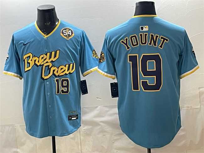 Men%27s Milwaukee Brewers #19 Robin Yount Powder Blue City Connect With Home & Bob Uecker Patch Limited Stitched Jersey