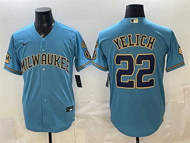 Men%27s Milwaukee Brewers #22 Christian Yelich Blue With Home & Bob Uecker Patch Stitched Jersey