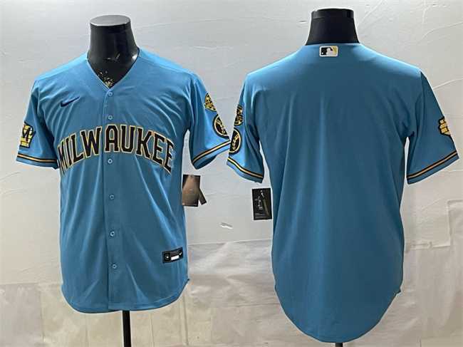 Men%27s Milwaukee Brewers Blank Blue With Home & Bob Uecker Patch Stitched Jersey