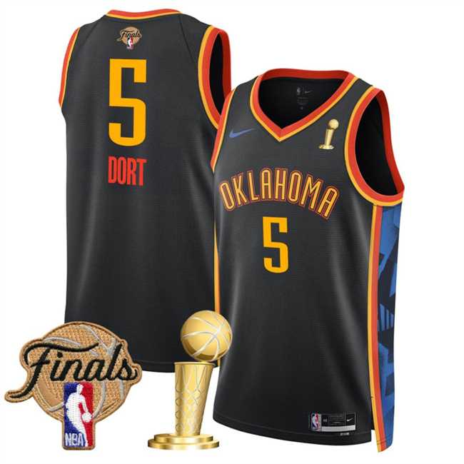 Men%27s Oklahoma City Thunder #5 Luguentz Dort Black 2025 Finals Patch And Finals Champions Patch City Edition Stitched Jersey Dzhi