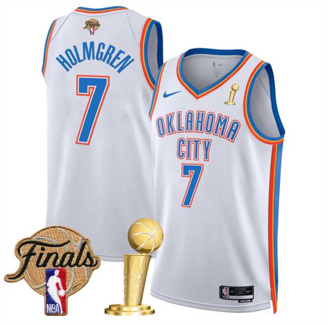 Men%27s Oklahoma City Thunder #7 Chet Holmgren White 2025 Finals Patch And Finals Champions Patch Association Edition Stitched Jersey Dzhi