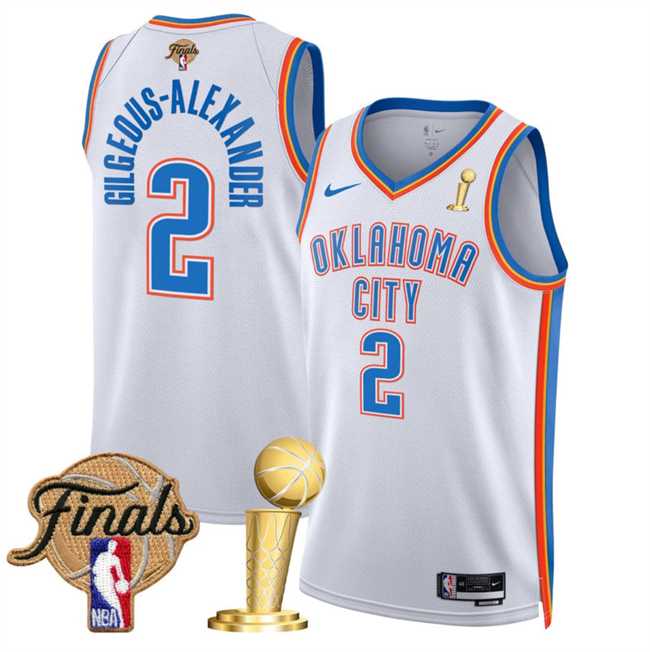 Men%27s Oklahoma City Thunder #2 Shai Gilgeous-Alexander White 2025 Finals Patch And Finals Champions Patch Association Edition Stitched Jersey Dzhi