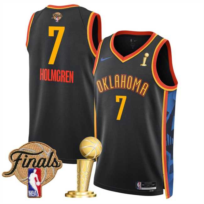 Men%27s Oklahoma City Thunder #7 Chet Holmgren Black 2025 Finals Patch And Finals Champions Patch City Edition Stitched Jersey Dzhi