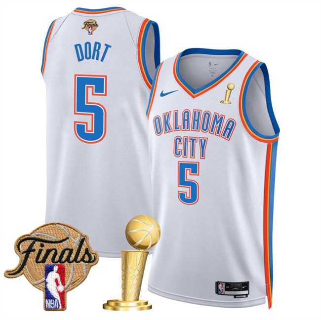 Men%27s Oklahoma City Thunder #5 Luguentz Dort White 2025 Finals Patch And Finals Champions Patch Association Edition Stitched Jersey Dzhi