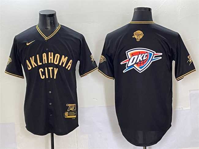 Men%27s Oklahoma City Thunder Team Big Logo Black Gold 2025 Finals Vapor Stitched Baseball Jersey