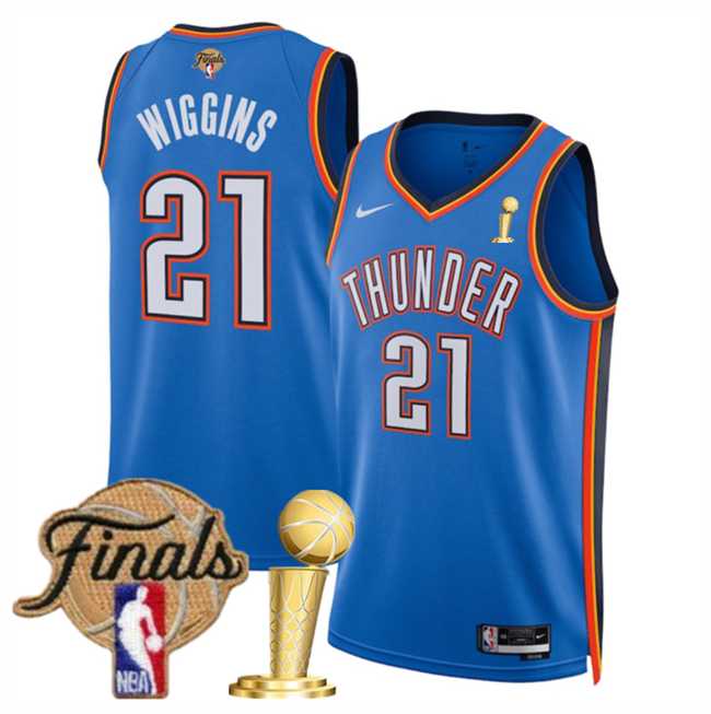 Men%27s Oklahoma City Thunder #21 Aaron Wiggins Blue 2025 Finals Patch And Finals Champions Patch Icon Edition Stitched Jersey Dzhi