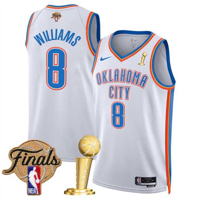 Men%27s Oklahoma City Thunder #8 Jalen Williams White 2025 Finals Patch And Finals Champions Patch Association Edition Stitched Jersey Dzhi