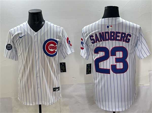 Men%27s Chicago Cubs #23 Ryne Sandberg White Pinstripe %27Ryne Sandberg Tribute%27 Vapor Limited V2 Stitched Jersey