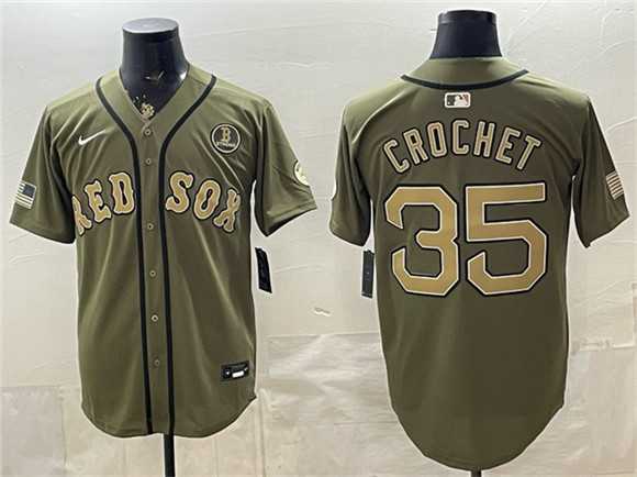 Men%27s Boston Red Sox #35 Garrett Crochet Olive Armed Forces Day Cool Base Stitched Jersey Dzhi