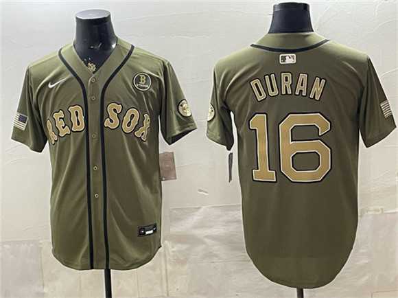 Men%27s Boston Red Sox #16 Jarren Duran Olive Armed Forces Day Cool Base Stitched Jersey Dzhi