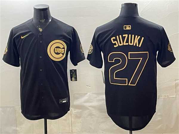Men%27s Chicago Cubs #27 Seiya Suzuki Black Gold 150th Anniversary Patch Stitched Jersey Dzhi