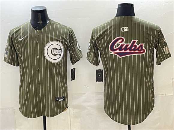 Men%27s Chicago Cubs Team Big Logo Pinstripe Olive 2026 Armed Forces Day Salute To Service Stitched Jersey Dzhi