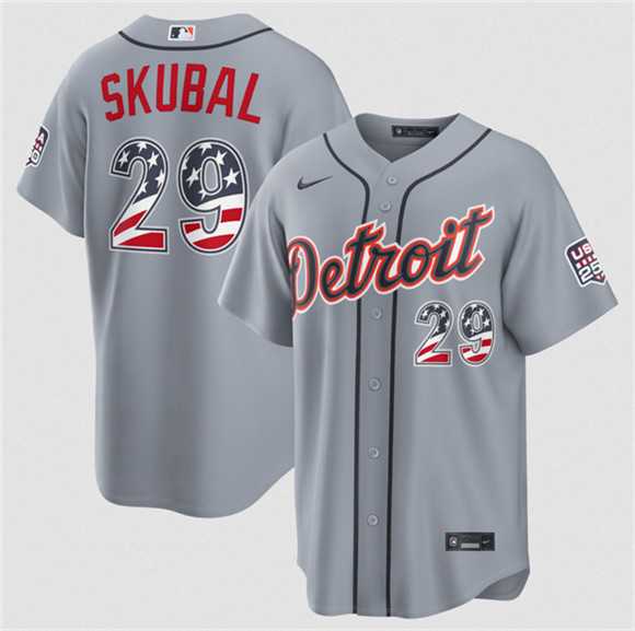 Men%27s Detroit Tigers #29 Tarik Skubal Grey 2026 USA 250 Fourth of July Stitched Jersey Dzhi