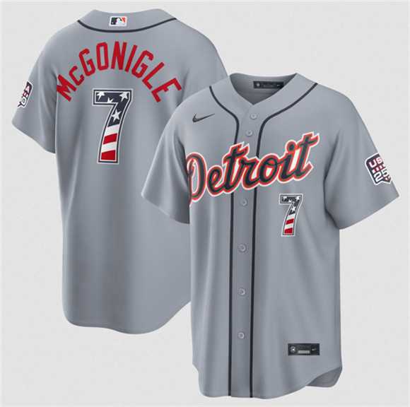 Men%27s Detroit Tigers #7 Kevin McGonigle Gray 2026 USA 250 Fourth of July Stitched Jersey Dzhi