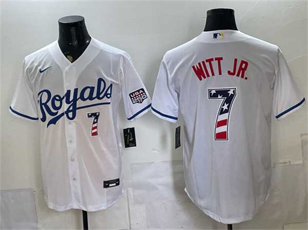Men%27s Kansas City Royals #7 Bobby Witt Jr. White 250 Fourth of July Stitched Jersey Dzhi
